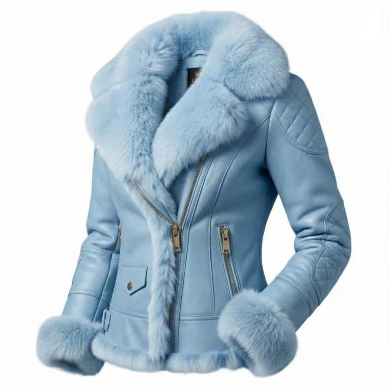 Women’s Blue Shearling Leather Jacket